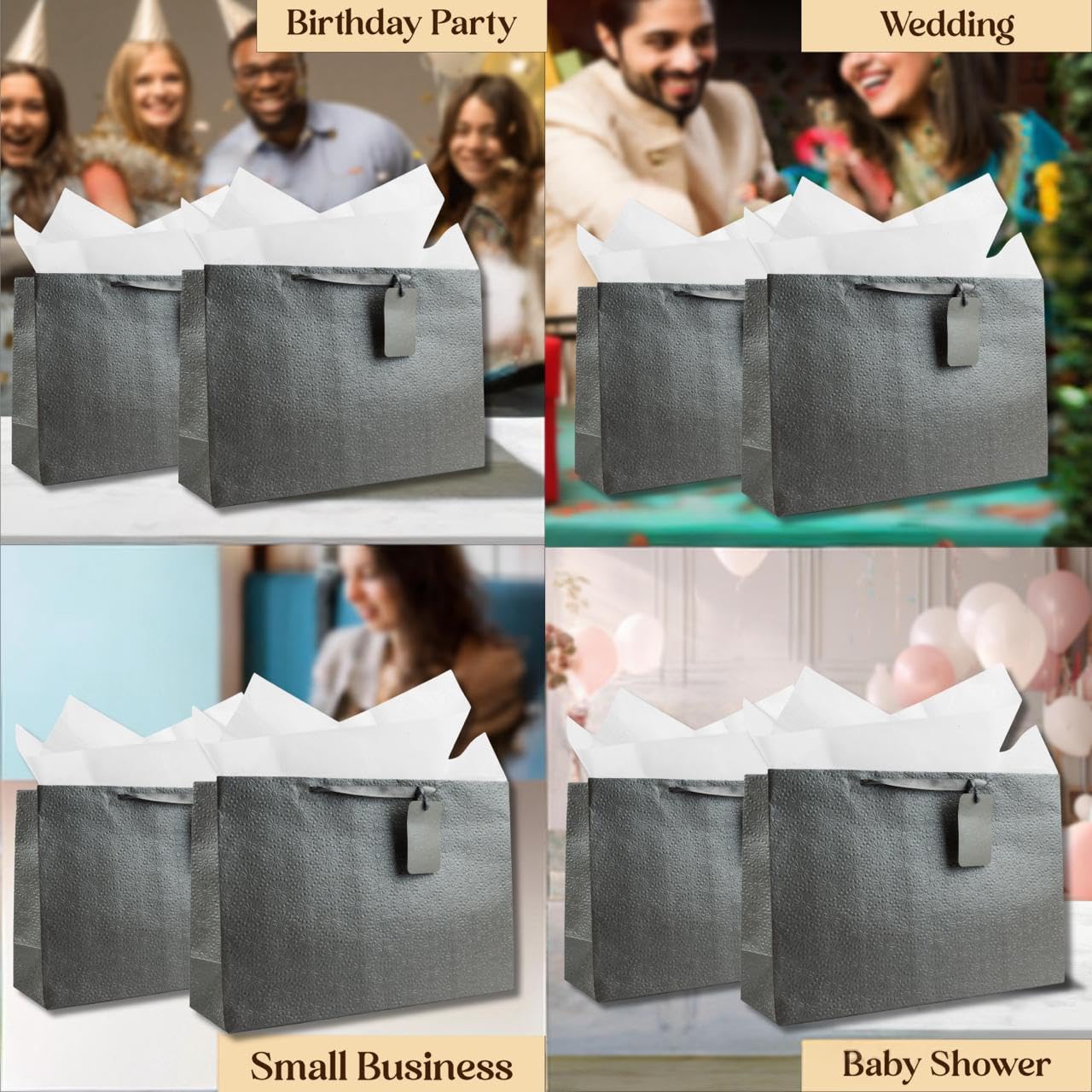 Kidsy Winsy Silber-Geschenktüten mit Seidenfüllpapier und Dankeskarte – XL-Papiertüten für Rückgabegeschenke | Tragetaschen für Geburtstag, Hochzeit, Jahrestag | Goodie Bags zum Verschenken