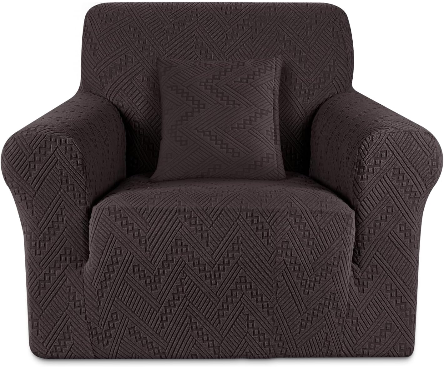 Ruaozz Stretch Chair Sofa Slipcover 1 Piece Chair Cover with Arms Non Slip Armchair Cover Soft Jacquard Furniture Protector with 1 pcs Throw Pillow Cover (1 Seater, Chocolate)