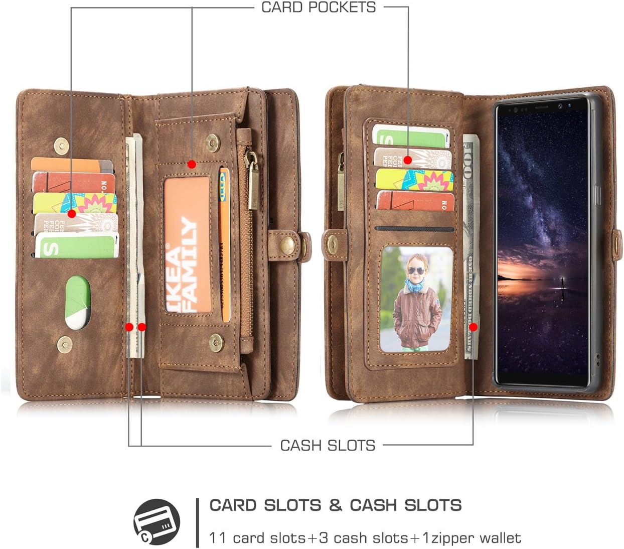 Note 9 Wallet Case,AKHVRS Handmade Premium Cowhide Leather Wallet Case,Zipper Wallet Case [Magnetic Closure]Detachable Magnetic Case & Card Slots for Samsung Galaxy Note 9 - Brown