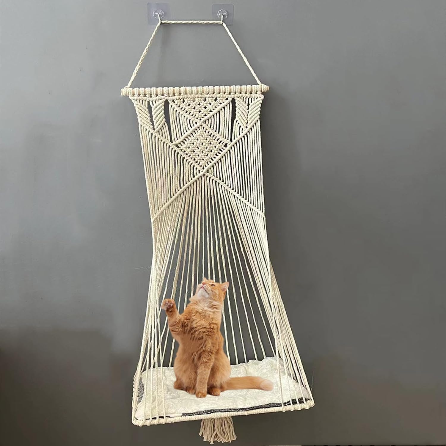 Macrame Hanging Cat Hammock Bed Cat Swing House Space Saving Window Perch with Washed Cotton Cats Toy Tassel Basket Tapestry (Beige, Swing Bed+Cushion)