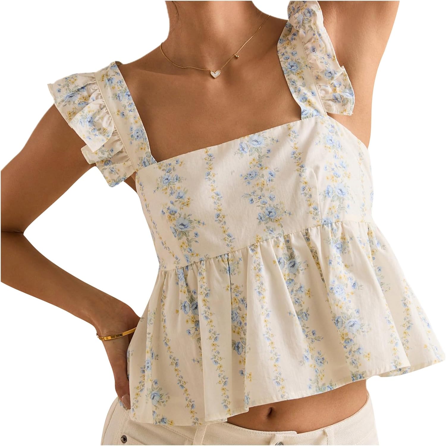Women Smocked Floral Tank Top Flower Print Ruffle Babydoll Cami Top Summer Vintage Sleeveless Peplum Camisole