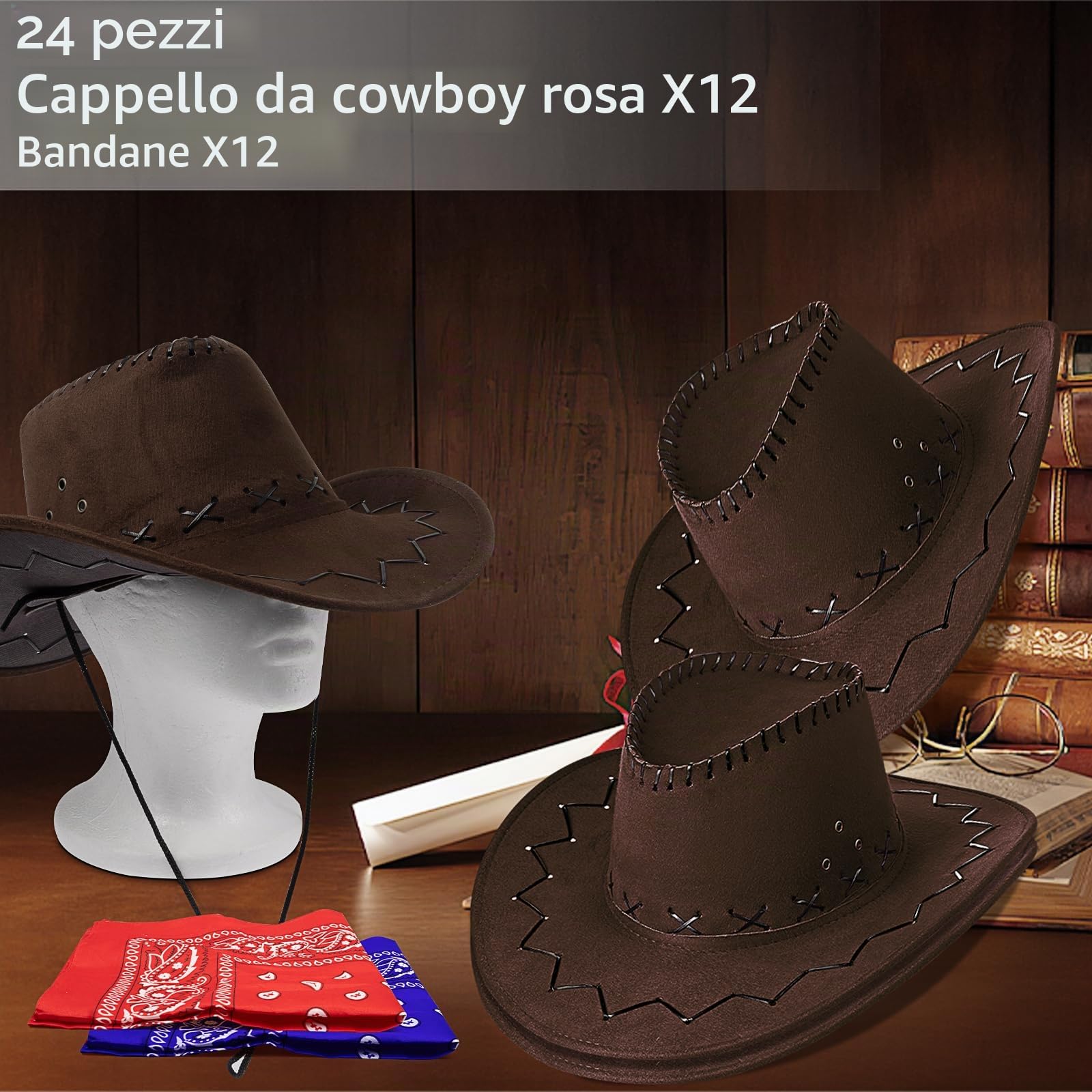 MSYU 24 cappelli da cowboy per donne e uomini, unisex, cappello da cowboy occidentale con bandana, in feltro con bordo largo, cappello da cowboy occidentale, classico, cappello panama, per esterni