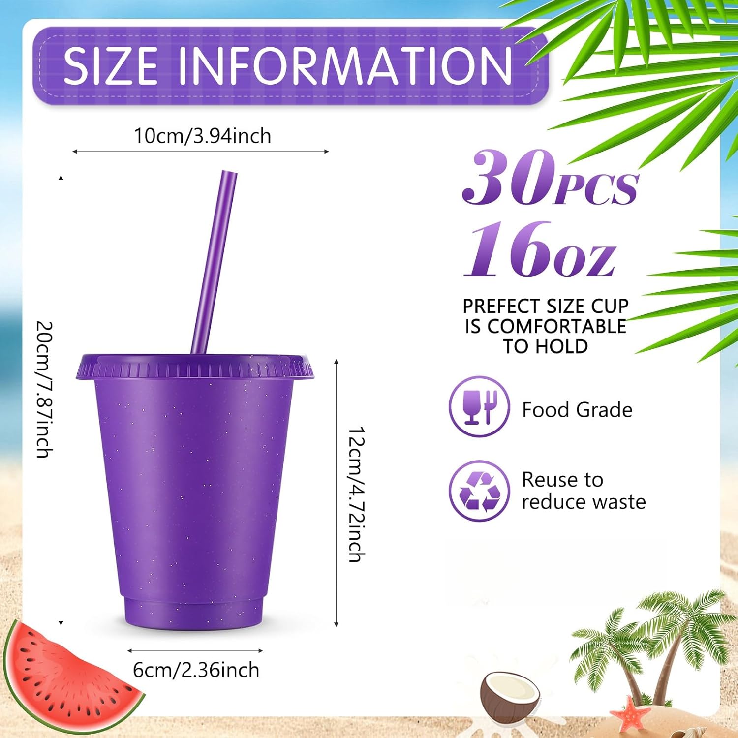 Rtteri 30 Pieces Reusable Cups with Lids and Straws 16 oz Glitter Iced Coffee Tumbler Plastic Travel Mug Cup for Smoothie Juices Valentine's Day, Birthdays, Flamingo Party Bachelor Party(Purple)