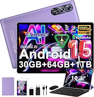 Android 15 Tablet 10 Pulgadas Gemini AI, Tablet PC Octa-Core, 30 GB RAM + 64 GB ROM (1TB TF), 3.5mm Audio/GMS/WiFi 6 & BT 5.0 / 6000mAh / GPS/Widevine L1, Tableta con Teclado-Morado