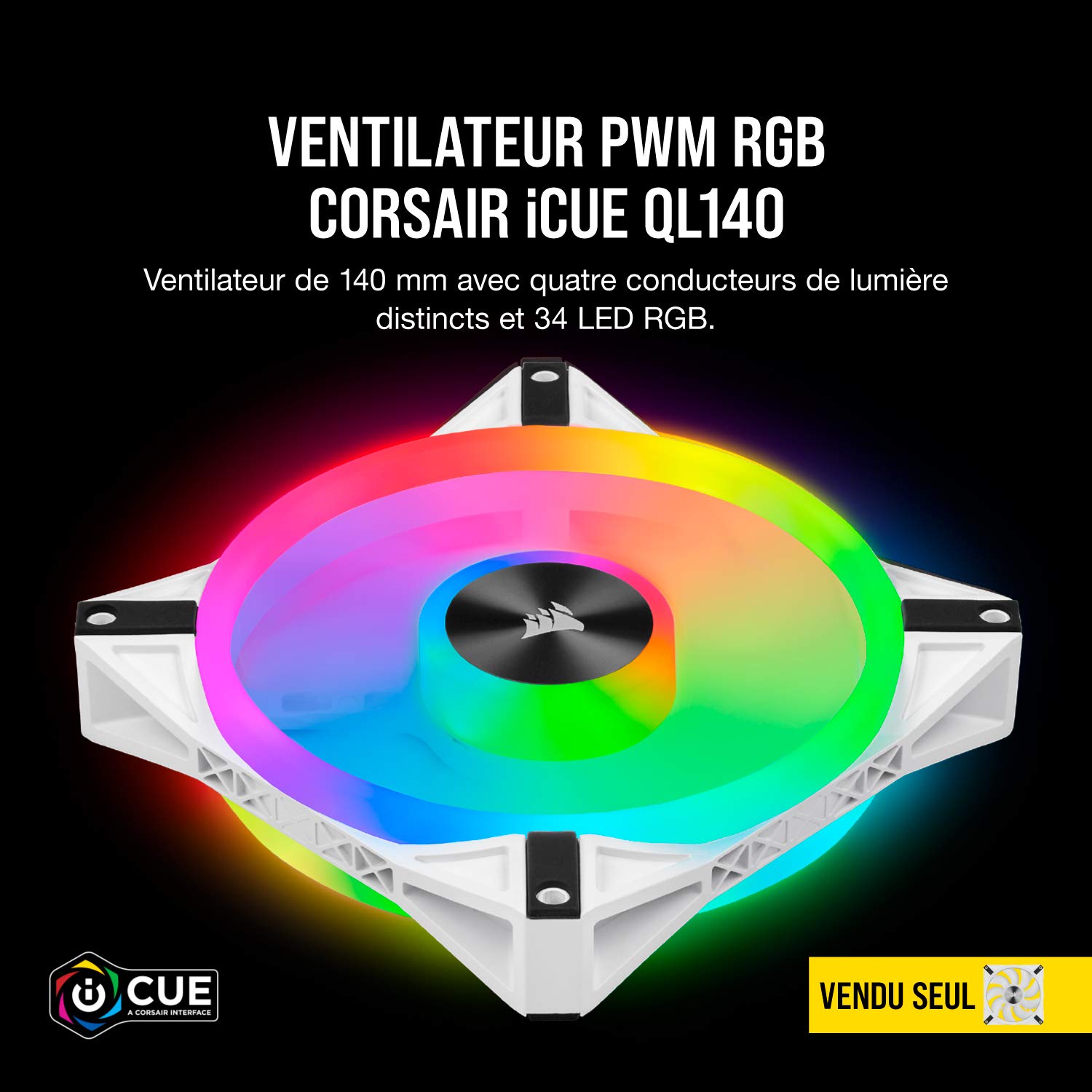 Corsair iCUE QL140 RGB, Ventilateur LED RGB PWM 140 mm (34 LED Paramétrables Individuellement, Allant jusqu’à 1 250 TR/Min, Faible Bruit) Simple Pack - Blanc