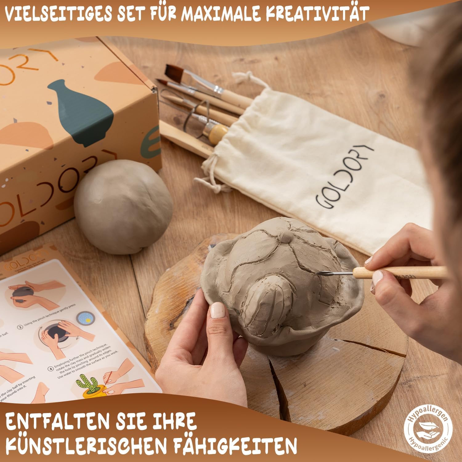 Töpferset für Zuhause mit lufttrocknendem Ton | Ton Set für Kinder ohne Brennen | 2,5 kg Trockenton selbsttrocknend zum Basteln | DIY Töpfern für Erwachsene | Kreativset Geschenke