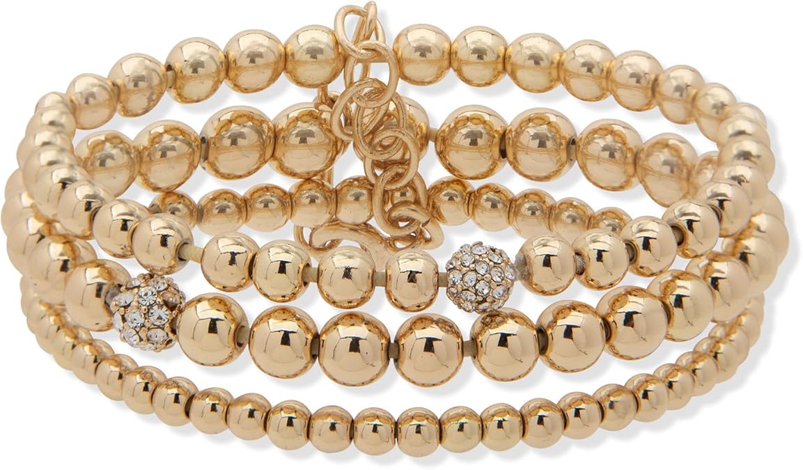 Anne Klein  | Pulsera elástica de oro con múltiples filas de abalorio y bolas de fuego de vidrio, Una talla, Metal, No es una piedra preciosa