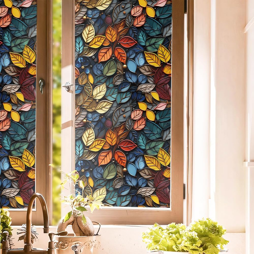 16“x118 Boho Art Flower Leaf Double Side Window Films Art Decorative Window Privacy Tinting Film Self-Adhesive Static Glass Window Clings Stickers for Living Room Bathroom Glass Windows Decor