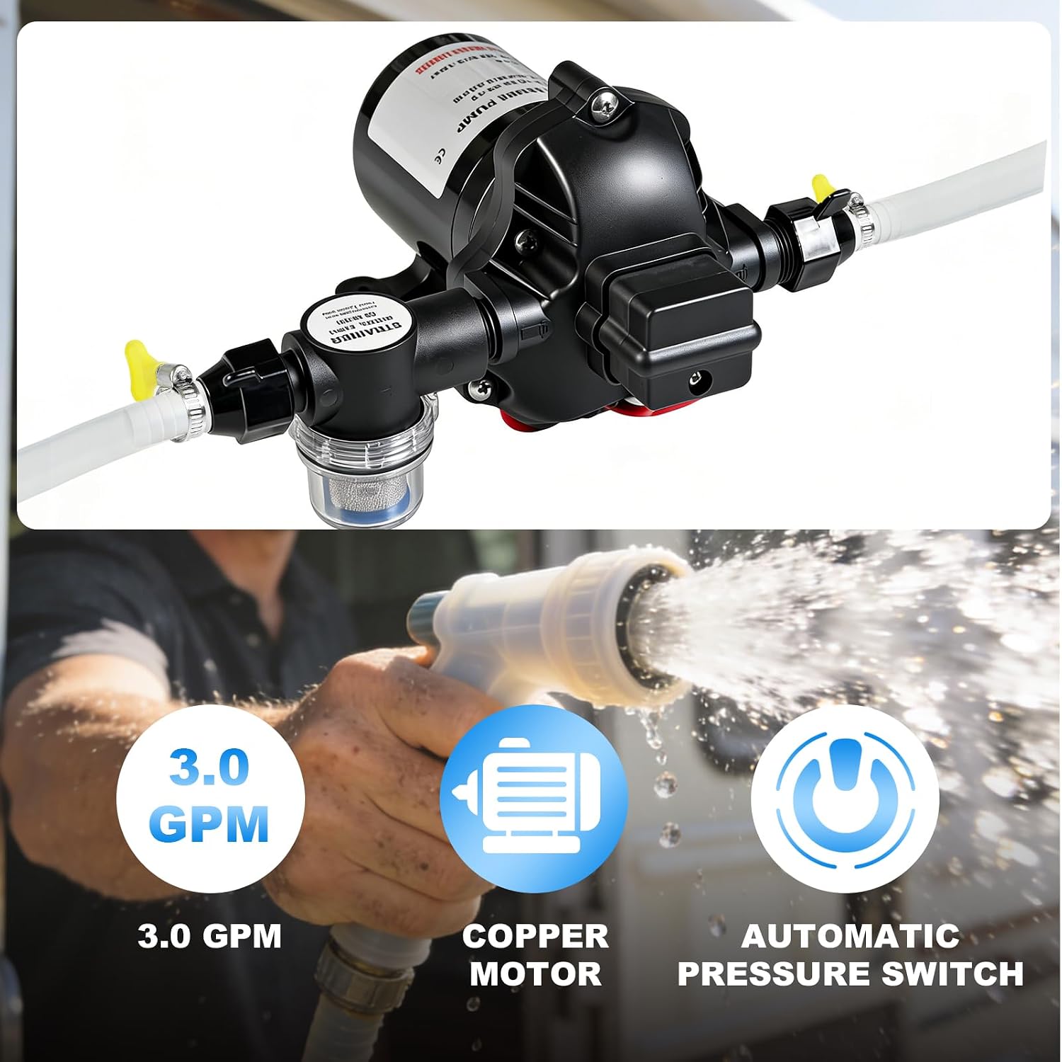 Jack Boss RV Water Pump, 12V 3.0 GPM Camper RV Water Pump, 45 PSI Self Priming Pump with Pressure Switch, On Demand Diaphragm, for RV Boat Sprinkler Agricultural and Garden Irrigation