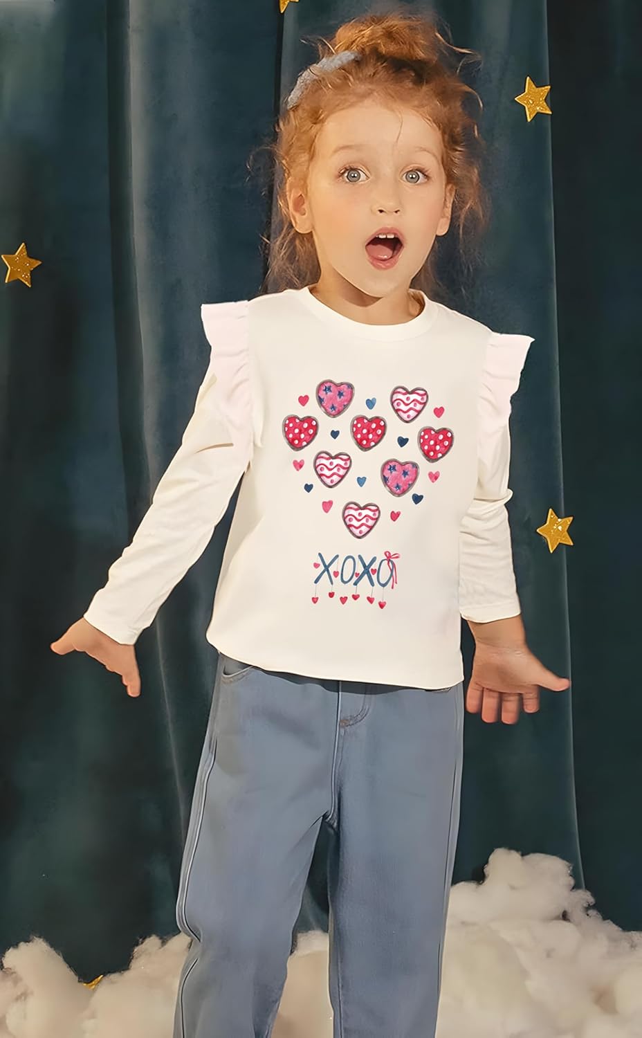 幼児 ガールズ バレンタイン シャツ キッズ Tシャツ ラブ ハート シャツ 女性用 XOXO ホリデー フリル 長袖 Tシャツ 2
