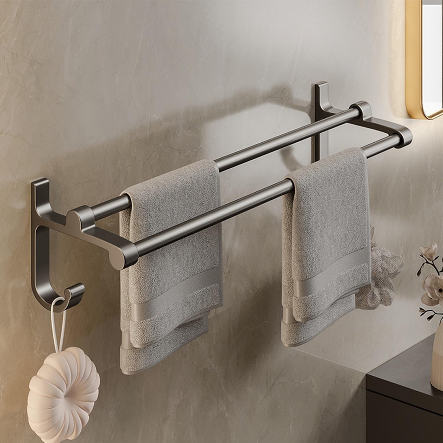 LMYSXAOZ Wall Mounted Towel Hanger Rack For Bathroom, Double Bar Space Aluminum Holder, Bathroom Accessories(50cm/19.7in)