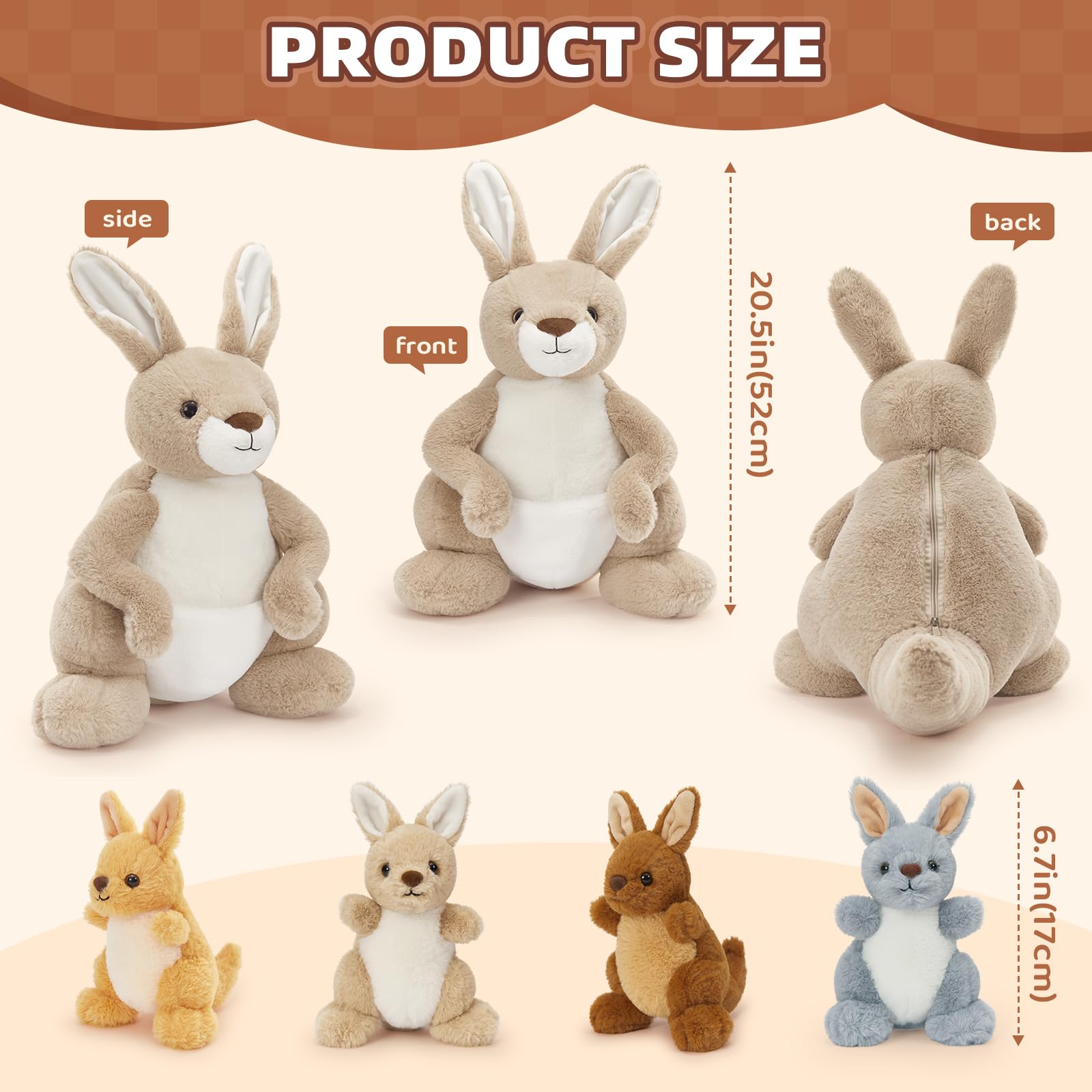 MorisMos Kangaroo Teddy with Babies inside, Lifelike Cuddly Kangaroos Stuffed Animal Plush Soft Toys, Kawaii Presents for Kids Girls Boys Birthday Party Decoration (52 cm) — view 3