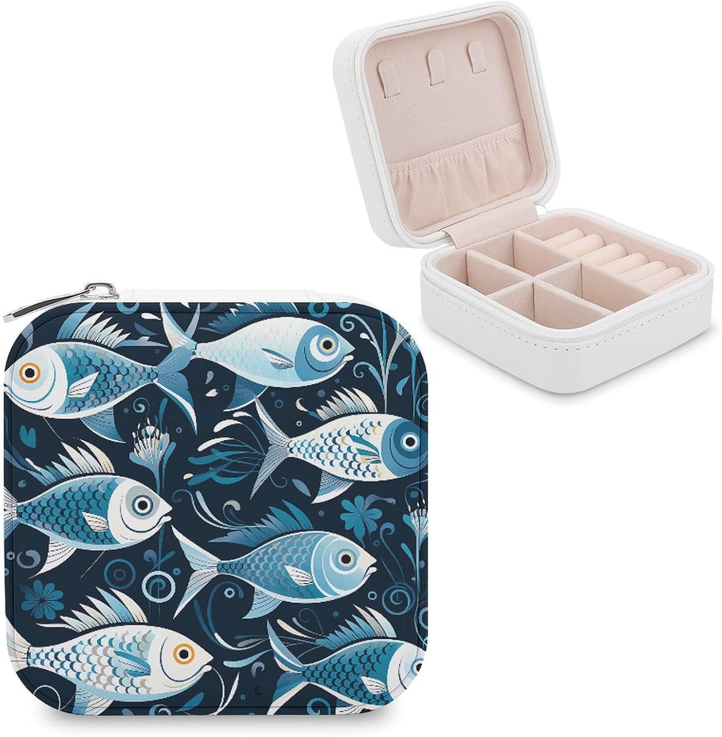 PU Leather Storage Box,Cartoon Fish Print Printed Portable Jewelry Box Mini Travel Storage Box Women's Jewelry Storage Rack for Necklace Earrings Bracelets Rings