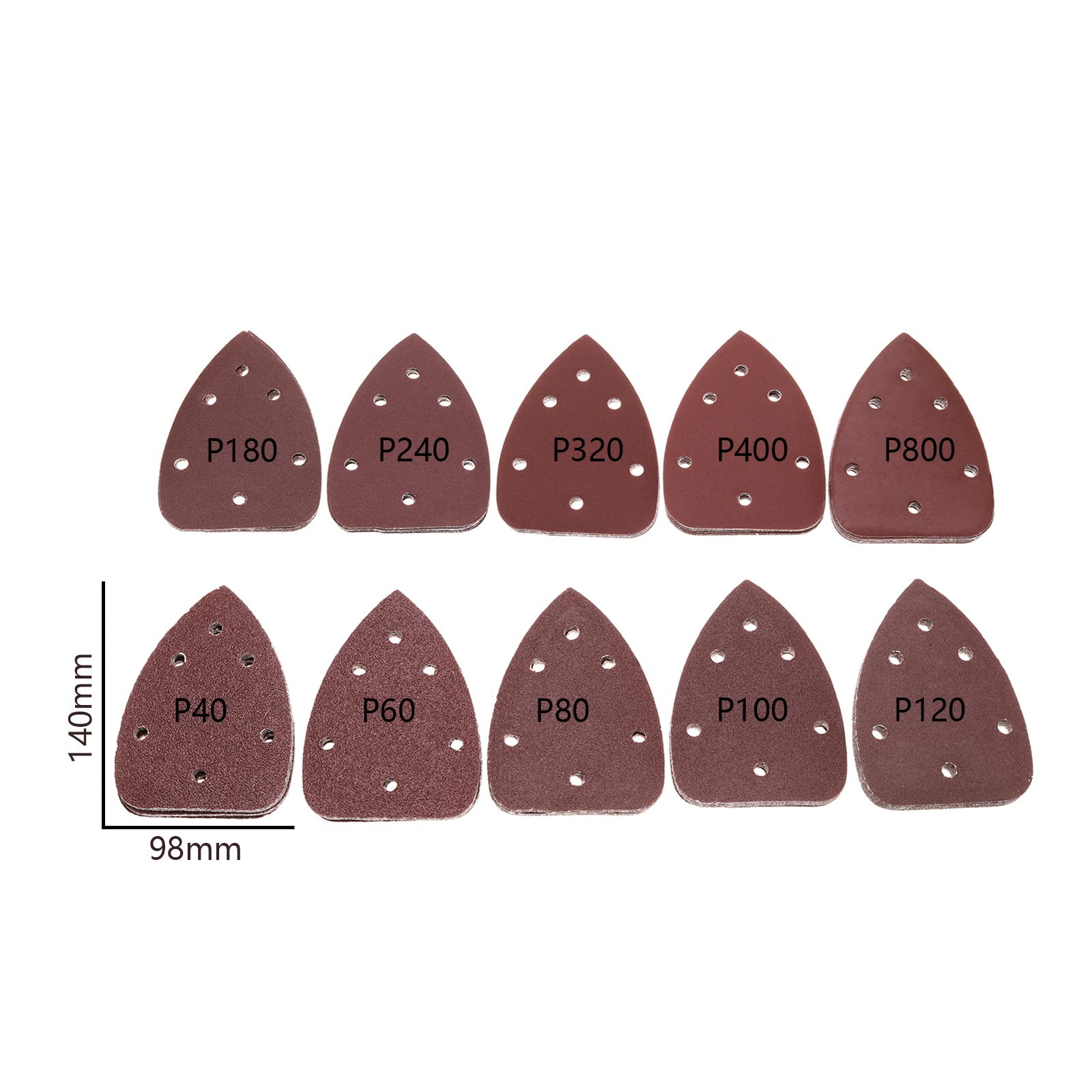 80x Ponceuse de Précision à Souris Tampons de Ponceuse Souris de Paume Papier de Verre 140x98mm 6 trous Crochet et Boucle Papier de Verre Triangle 40/60/80/100/120/180/800 Grain