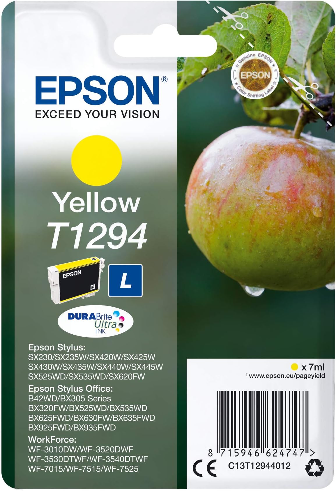 Epson,235M122,Original AA8T1294 ApfelTinte (SX420W BX320FWSX620FW BX/SX525WD BX625FWD BX305FW B42WDBX925FWD BX635FWD BX535WD SX435/440W BX630FW SX235W WF7015 7515 7525 3010 3520 3540) gelb