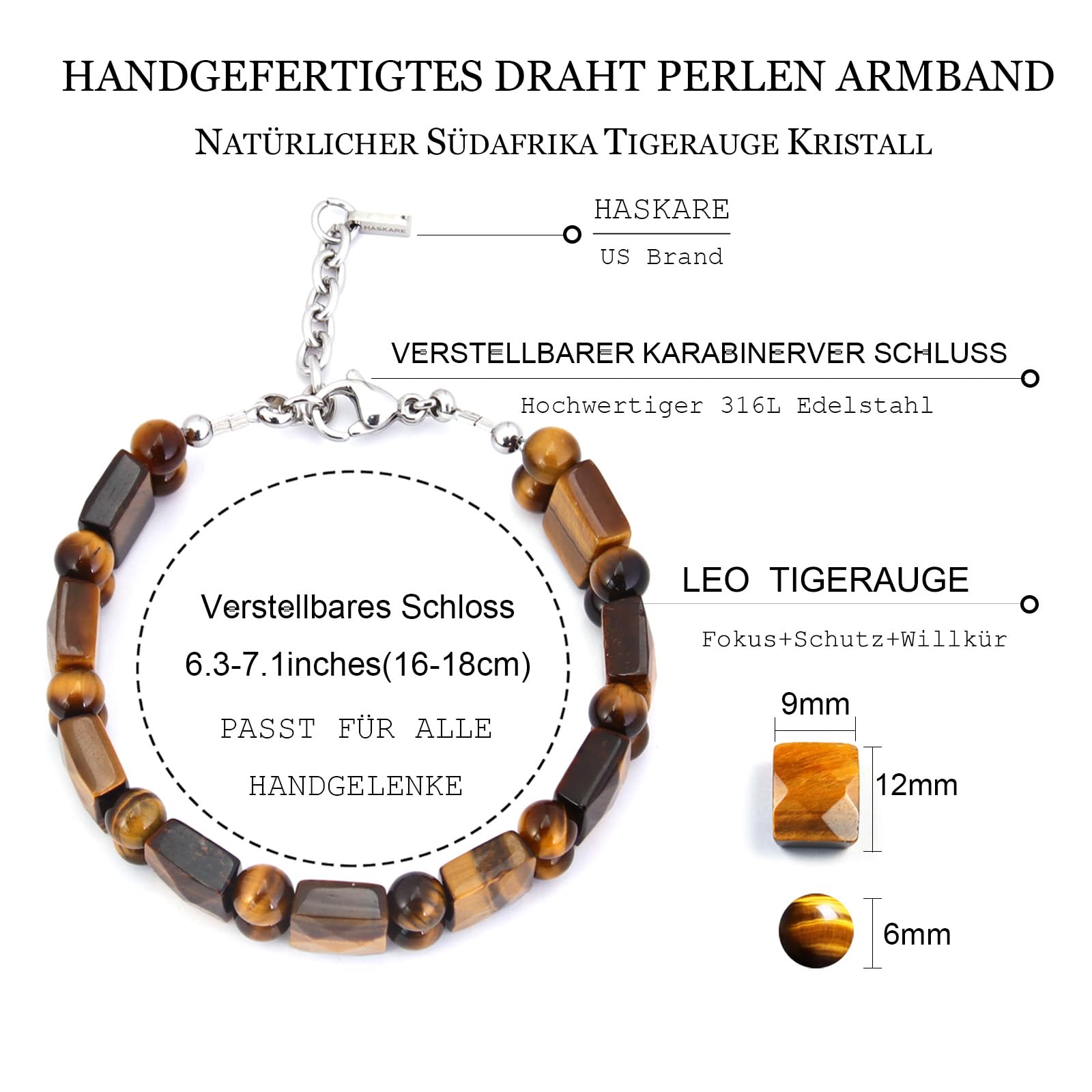 HASKARE Herren Tigerauge Armband Naturstein Perlen Verstellbarer Verschluss Spirituelle Heilung Handgemachter Schmuck für Männer, Stärke Schutz Geschenk für Ihn Papa Ehemann Freund