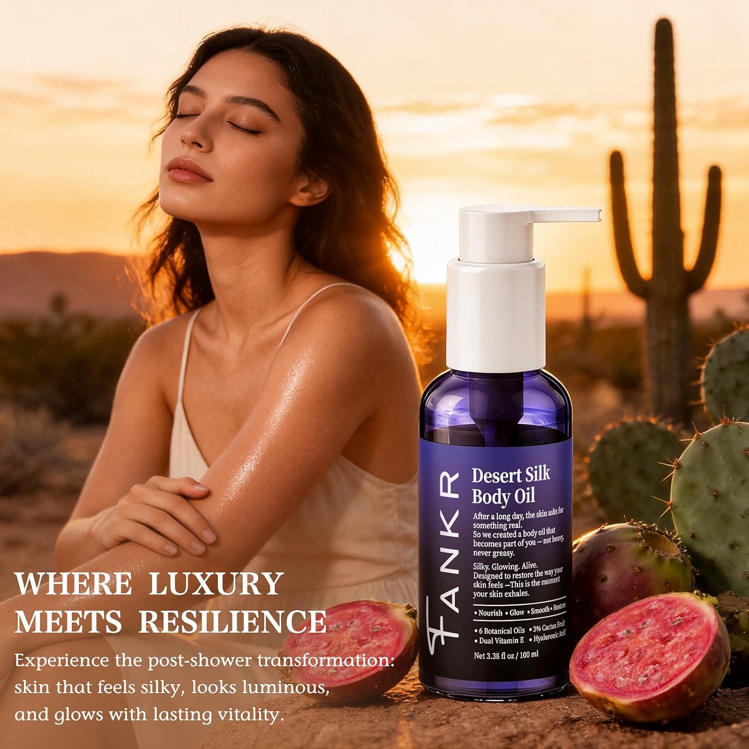 Desert Silk Body Firming Oil for Women – Dual-Phase Technology for Instant After-Shower Absorption, 72H Glow & Firming Moisturizing Formula with 6 Botanical Oils, 3% Cactus Fruit & HA (3.38 fl oz) - Image 3