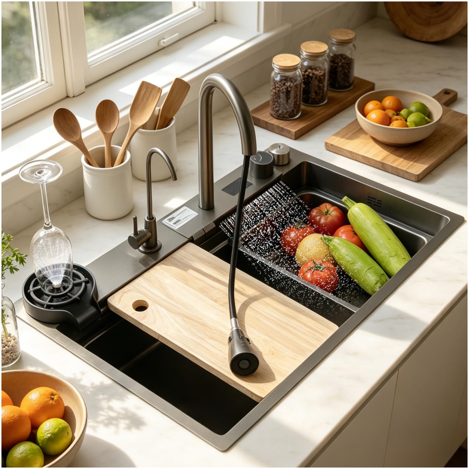 Waterfall Sink, 85 x 45 cm, Stainless Steel Black Grey Waterfall Sink with Digital Display Screen, 1 Basin Sink, Top Mount Sink, Large Workplace Kitchen Sink with Complete Accessory Set