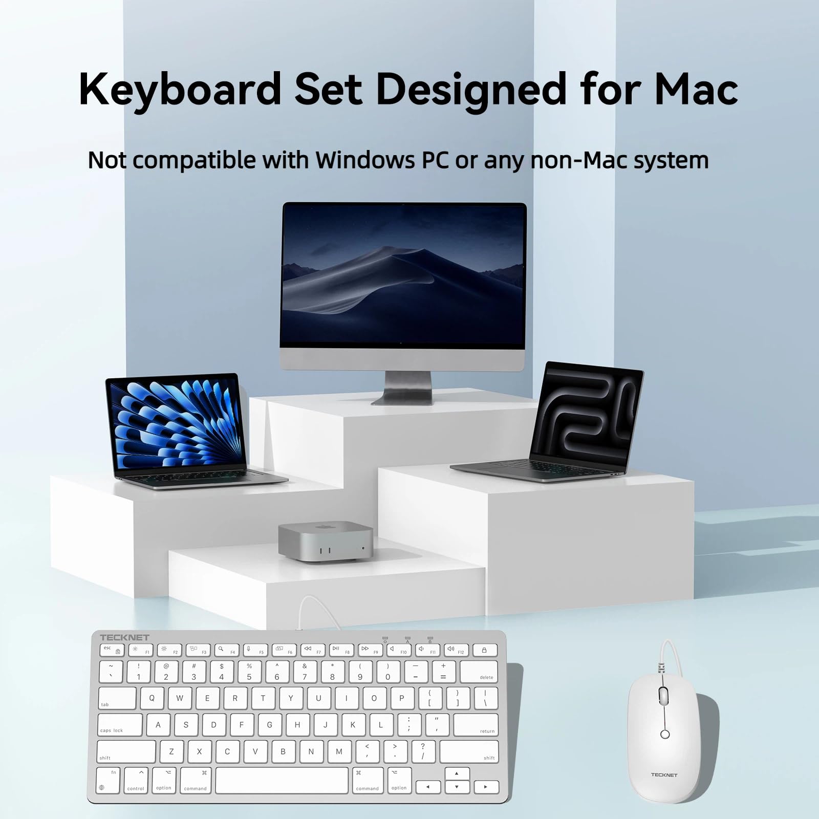 TECKNET Tastiera cablata e mouse compatibile con Mac, tastiera con doppia interfaccia (Type-C e USB A), mouse con interfaccia USB A per MacBook Pro/Air, iMac, Mac mini/Pro, bianco