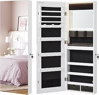 Comprar SONGMICS SONGMICS Armario Joyero, Armario para Joyas Montado en la Pared, Organizador con Luces LED, con Espejo sin Marco, Espejo de Maquillaje Integrado, 2 Cajones, con Cerradura, Blanco JJC013W01