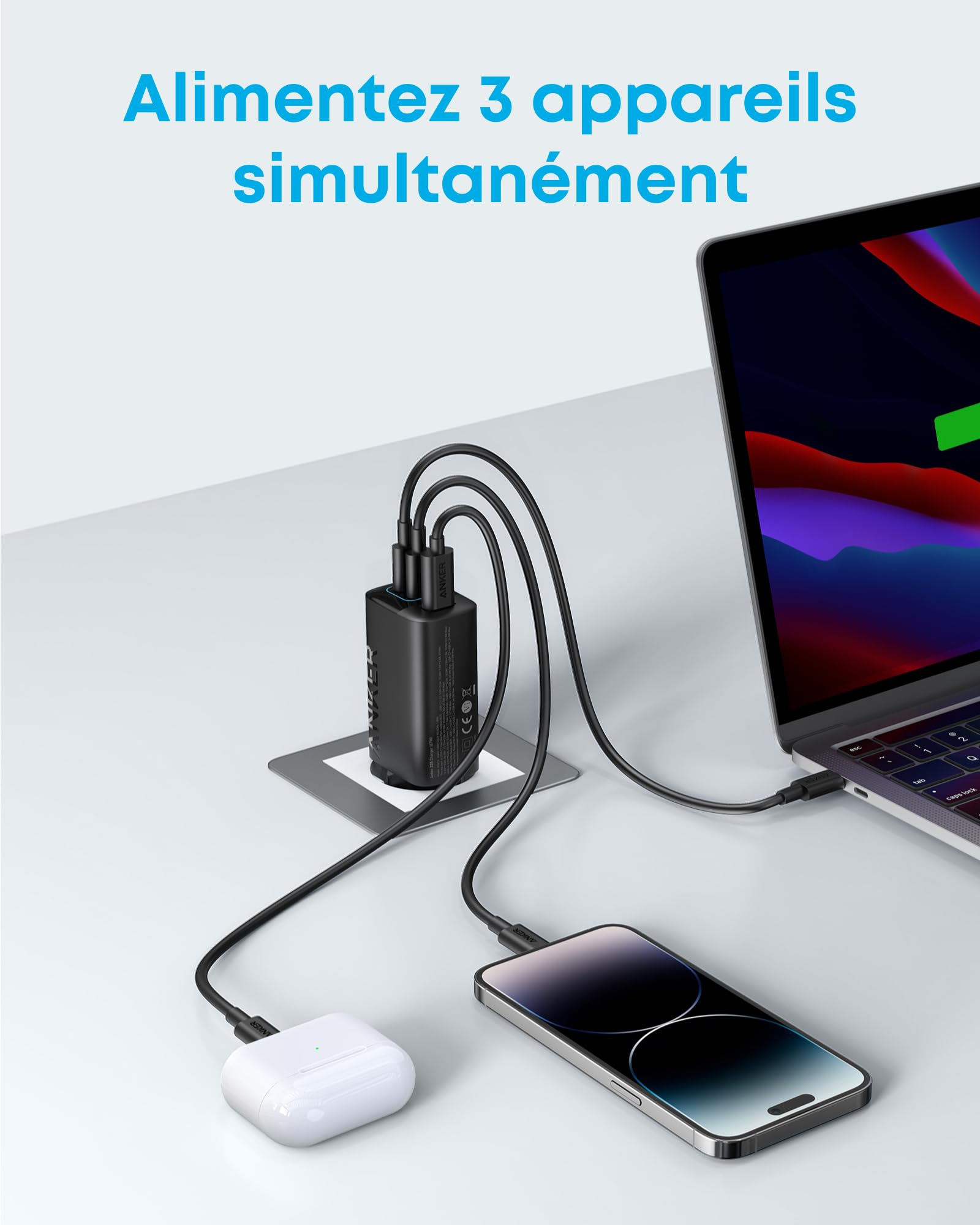 Anker 335 Chargeur USB C 67 W, Bloc d'alimentation Haute Performance avec PIQ 3.0, Chargeur Rapide 3 Ports, PD pour iPhone 16/15/14, MacBook Pro, iPad, Galaxy, Pixel et Autres (câble USB C)