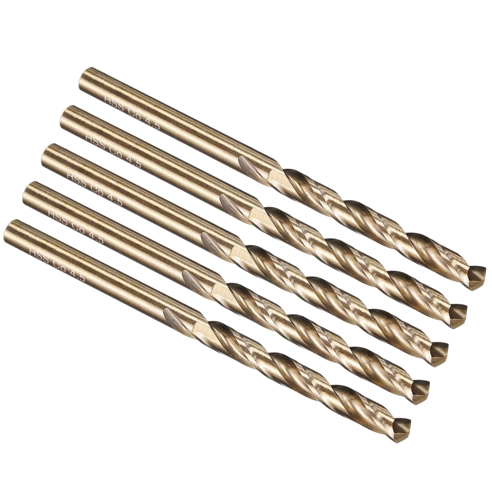 PATIKIL 4.5mm Drill Bit, M35 Cobalt 5% High-Speed Steel Jobber Straight Shank 135° Gold Finish for Stainless Steel Hard Metal - 5 Pack
