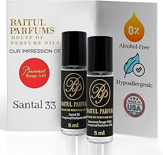 Alcohol-Free Perfume Oil Bundle – Scents Comparable to Baccarat Rouge 540 and Santal33 – 8ml Travel Size Roll-On Glass Bottles, Long-Lasting Fragrance, 98% True-to-Scent, Clean Scent Perfume