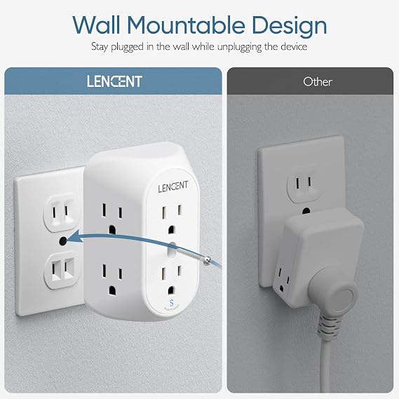 LENCENT 2 Prong to 3 Prong Outlet Adapter, 3 to 2 Prong Grounding Adapter with Surge Protector, Multi Outlet Wall Plug with 6 Outlets, Power Socket Extender for Non Grounded Kitchen Office Older House