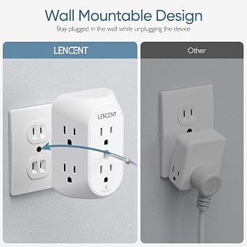 LENCENT 2 Prong to 3 Prong Outlet Adapter, 3 to 2 Prong Grounding Adapter with Surge Protector, Multi Outlet Wall Plug with 6 Outlets, Power Socket Extender for Non Grounded Kitchen Office Older House