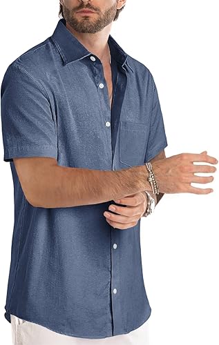 Miniatura 163 de JMIERR Camisas de vestir a rayas con botones y manga corta para hombre