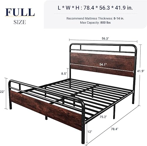 Miniatura 2 de Allewie Base de cama de plataforma de tamaño matrimonial con cabecera y estribo de madera, soporte de 13 listones de metal resistente,