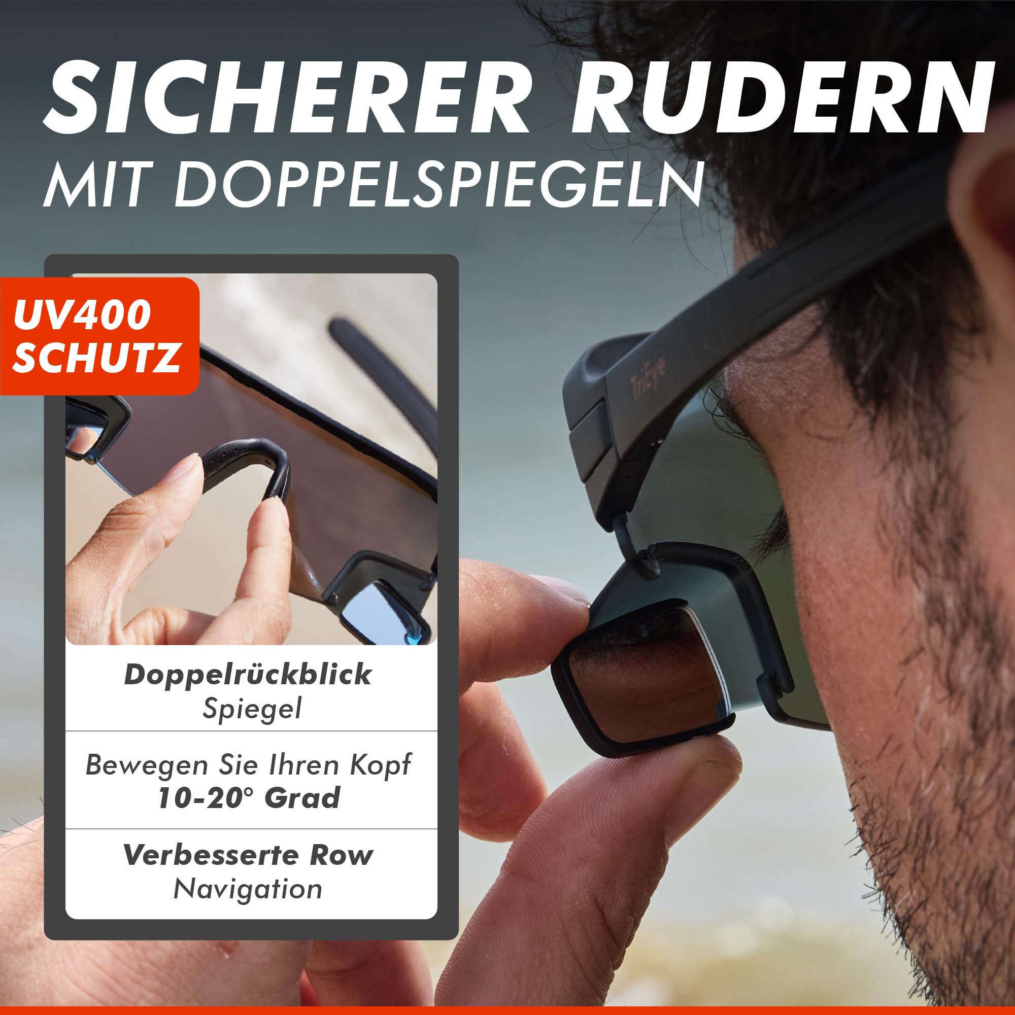 TriEye View Sport Sonnenbrille Herren Damen – Fahrradbrille polarisiert mit Dual-Lens Rückspiegel, UV400 Schutz, Leichtgewicht TR90 Rahmen, kratzfeste Gläser fürs Rudern & Radfahren