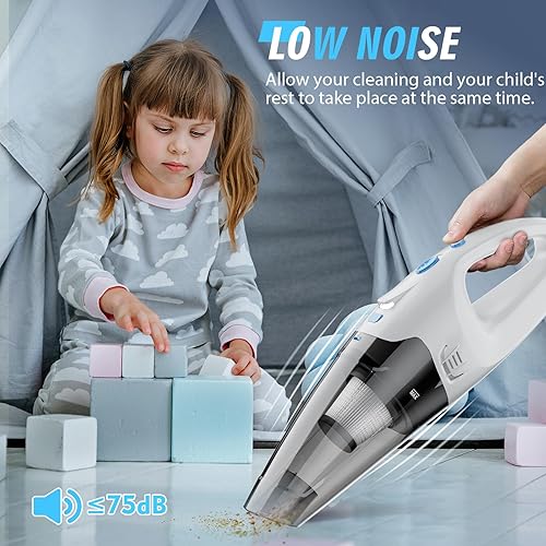 Miniatura 8 de Aspirador portátil de mano para automóvil, diseño inalámbrico con luz LED, blanco y azul, taza de polvo desmontable