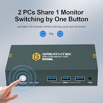 GREATHTEK USB 3.0 KVM Switch HDMI 2 Port 4K@60Hz, 2 PC 1 Monitor, 3 USB3.0 Ports, HDMI2.0, HDCP2.2, EDID, Push Button Switch, Wired Remote & Button Switch