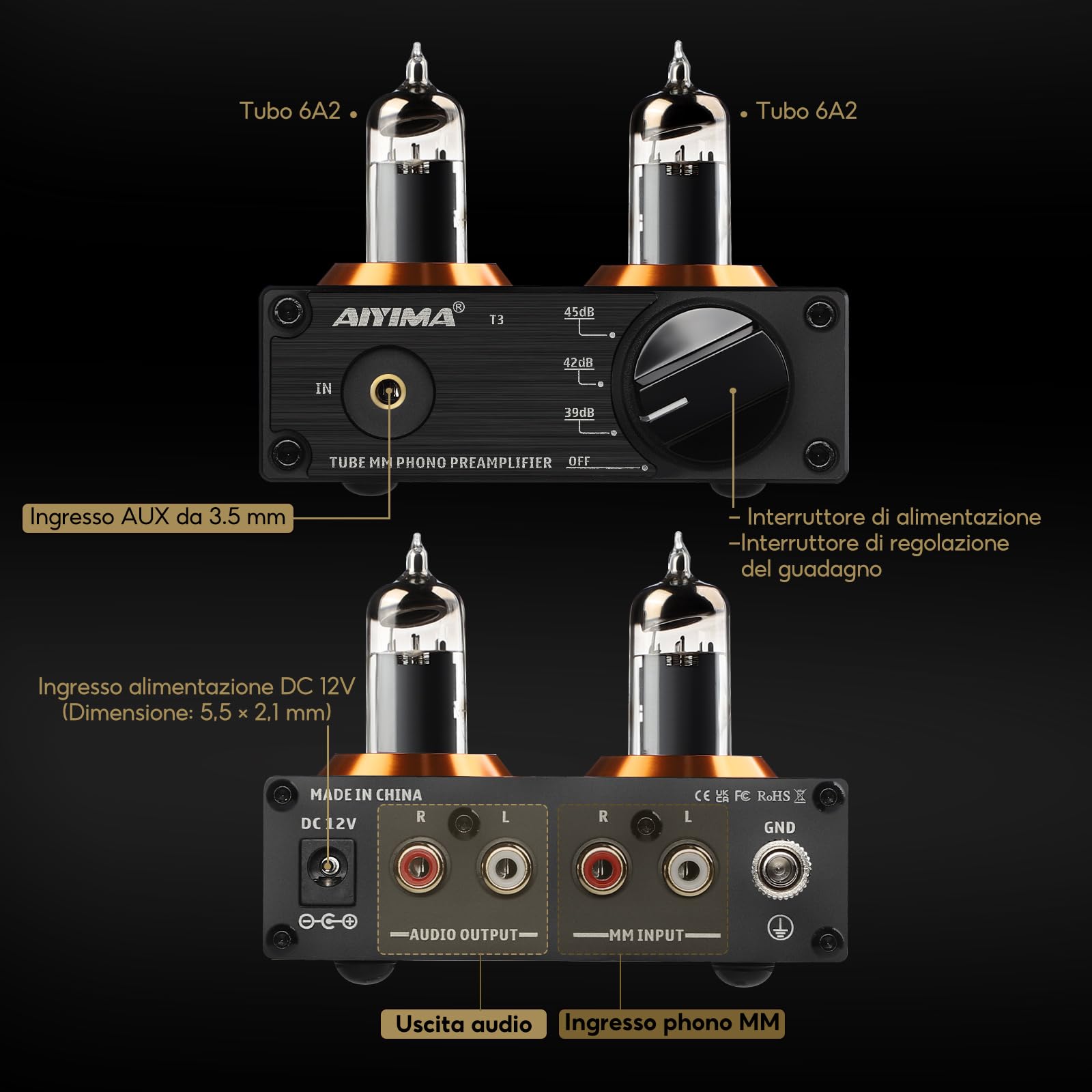 AIYIMA T3 Tube MM Phono Preamplificatore HiFi Stereo Audio per Giradischi