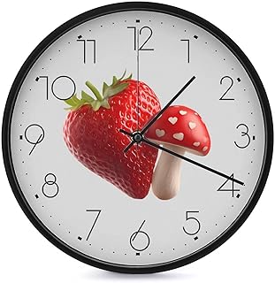 Strawberry and Mushroom Fashion Wall Clock 10" Silent Non Ticking Quality Quartz Battery Operated for Home Office