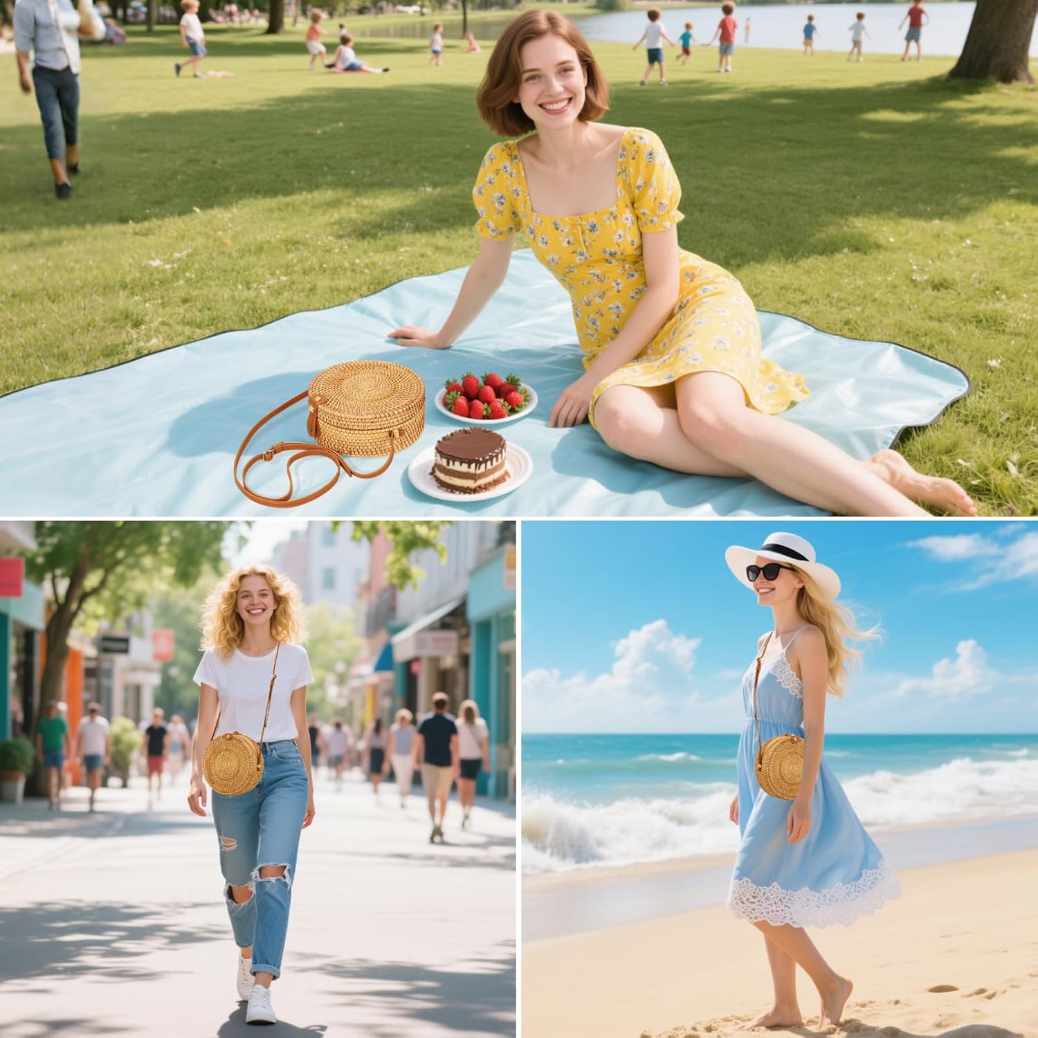 Handwoven Round Rattan Purse for Women, Adjustable Leather Shoulder Strap, Boho Straw Beach Bag, Lightweight & Durable for Travel, Wedding, Vacation - Image 2