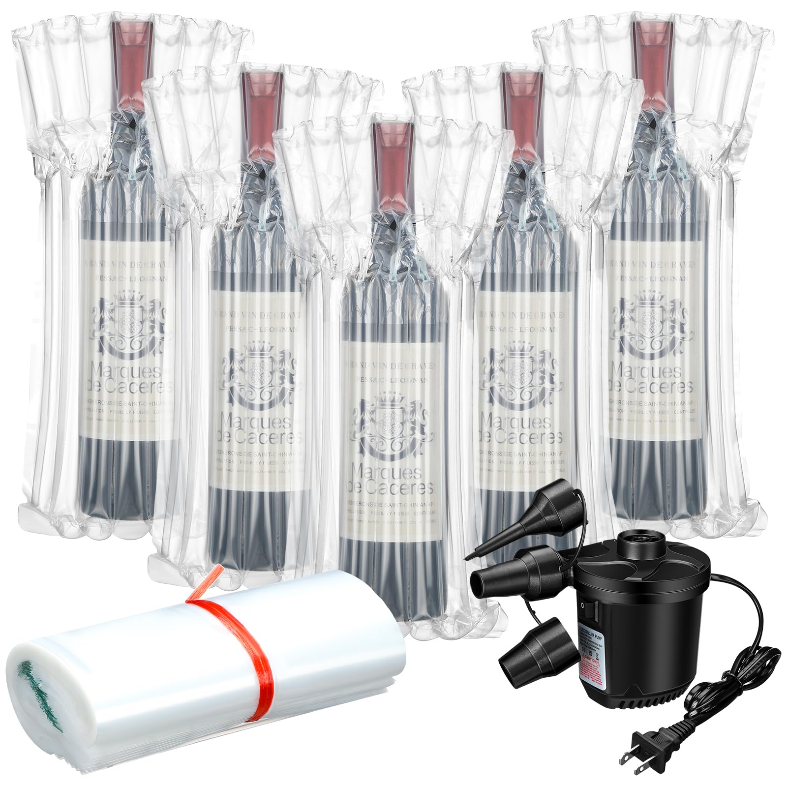 300 Pcs Wine Bottle Travel Protector Bags, Inflatable Air Column Packaging Bubble Bag with Reusable Inflator Pump, Reusable Wine Bottle Protector Air Cushion Bags for Travel Shipping