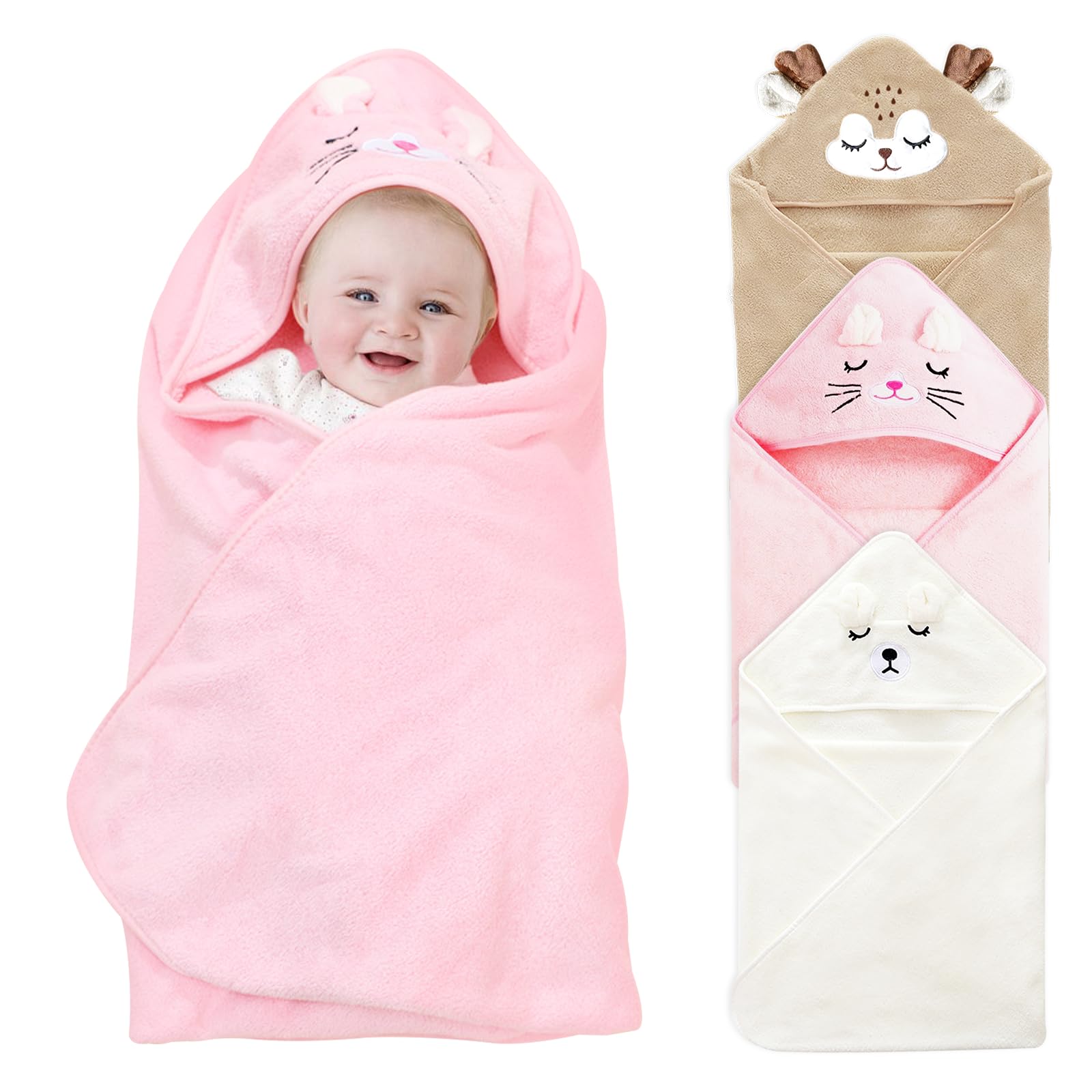 Lot de Serviettes de Bain à Capuche pour bébé - en Polaire Corail Moelleuse - Douce et Super absorbante - 80 x 80 cm - Serviette de Bain absorbante (3, Chat Rose avec cerf de Couleur café)