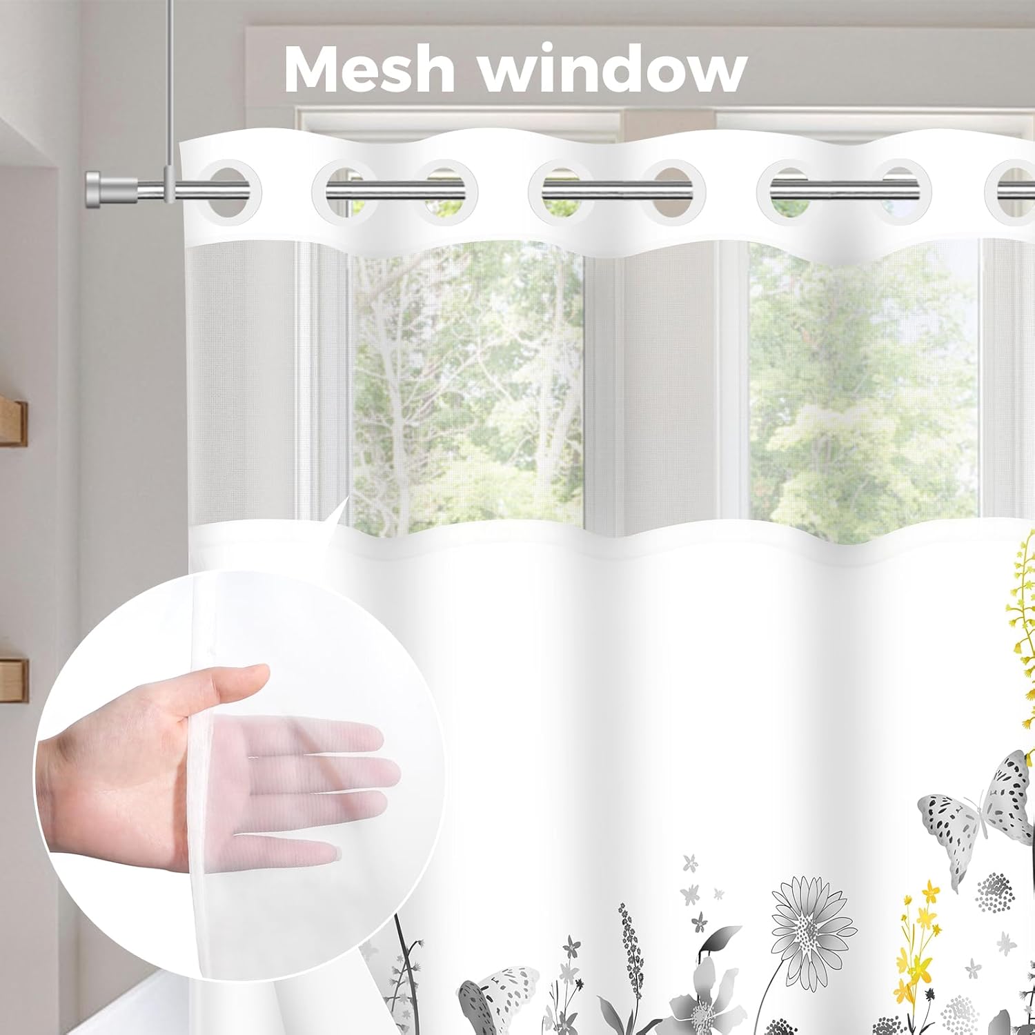 Shower Curtain No Hooks with Snap in Liner, Luxury Double Layers Floral Shower Curtain Set with See Through Mesh Top Window for Hotel Bathroom Decorative Waterproof Washable 71 x 74 Inch