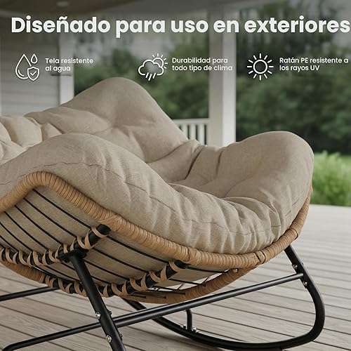 Miniatura 6 de SWITTE Silla mecedora para exteriores, balancín de patio de tamaño grande tipo papasan, cómoda silla de mimbre para leer, silla de huevo