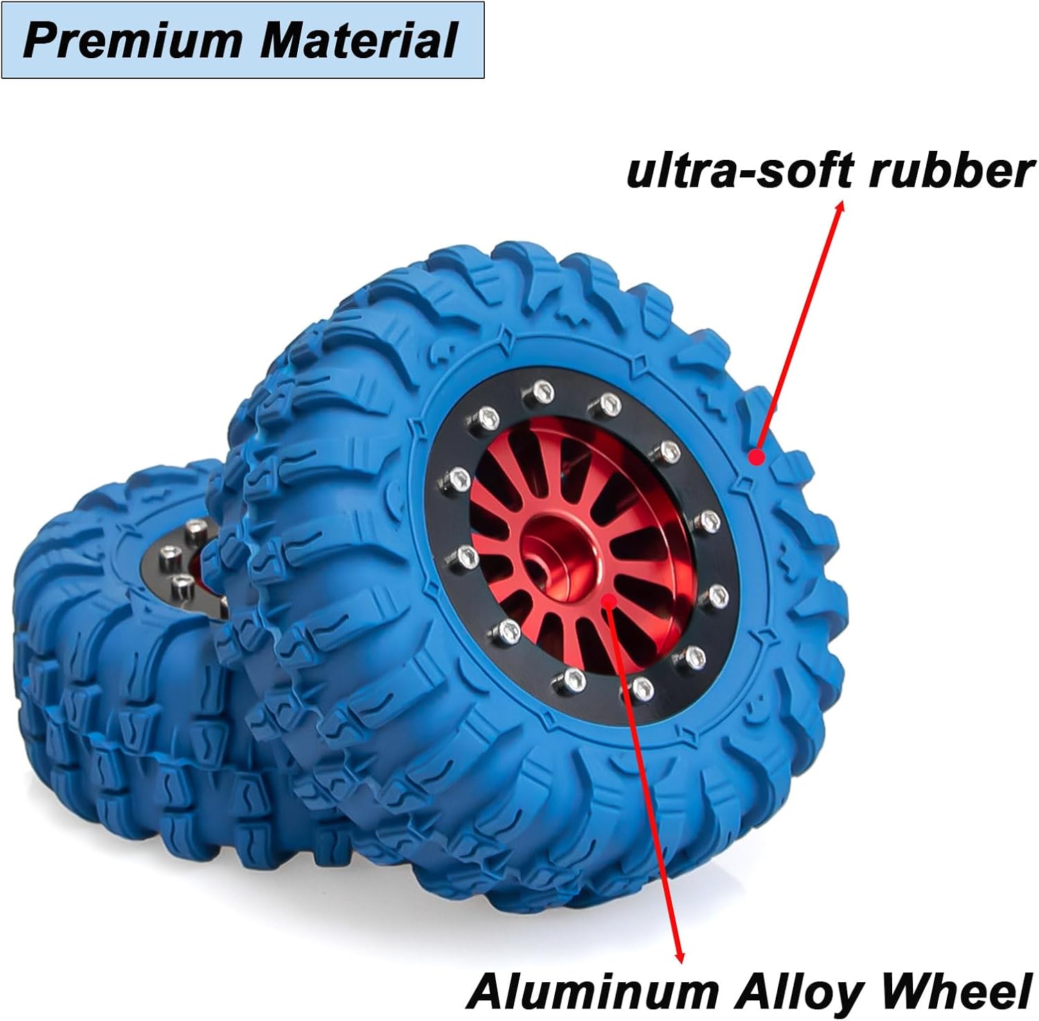 4PCS 1.3" Beadlock Wheel Tires Set 1.3inch Aluminum Beadlock Wheel Rim ＆ 2.56inch Colored Rubber Crawler Tires for 1/18 TRX4M 1/24 SCX24 FCX24 RC Crawler Car (blue tires + red wheel hub)