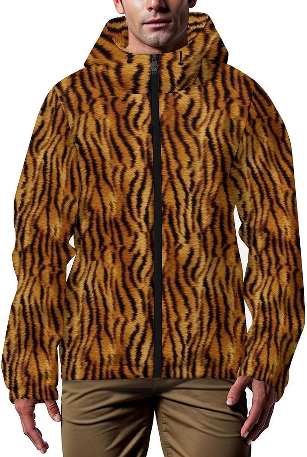 Tiger Skin Pattern Men's Windbreaker Jacket Lightweight Hooded Windbreaker Coat with Pockets