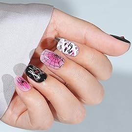 Halloween Press On Nails Short - Mummys Crypt,Black Press On Nails Halloween with Spider Web, Acrylic Square Glue On Nails with Nail Glue, Stick On Nails in 16 Sizes - 32 PCS Soft Gel Kit