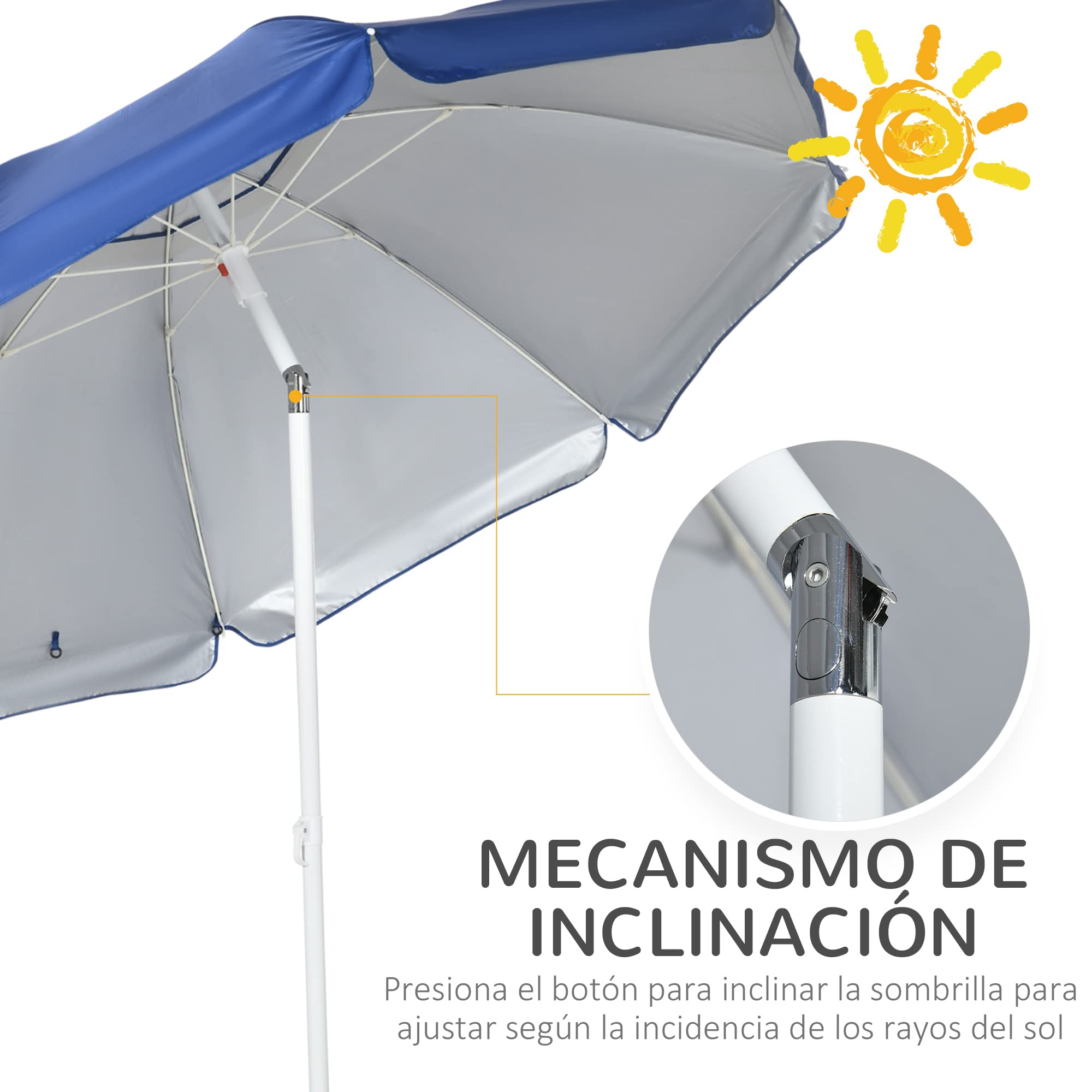 Outsunny Sombrilla de Playa con Panel Lateral Parasol Ø191x211 cm Azul | para Terraza, Manivela Manual, Techo Inclinable, 2 Bolsillos, 2 Ventanas, para Jardín Piscina