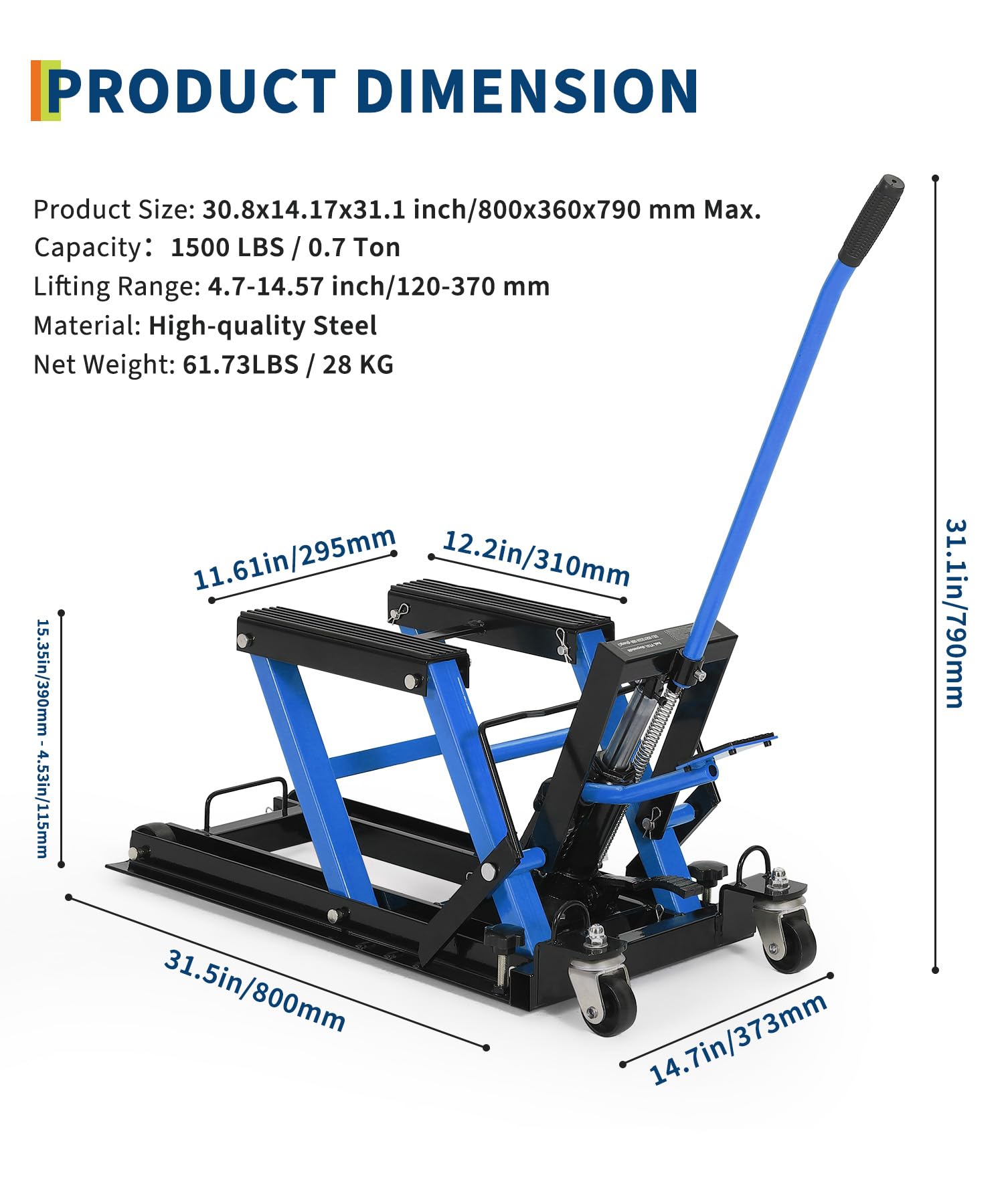 Elevador hidráulico para motocicleta, capacidad de 680 kg, soporte de elevación resistente con pies con ruedas y asa, altura ajustable de 11,5 a 39 cm, mesa de elevación para quad, UTV, ATV y motos de