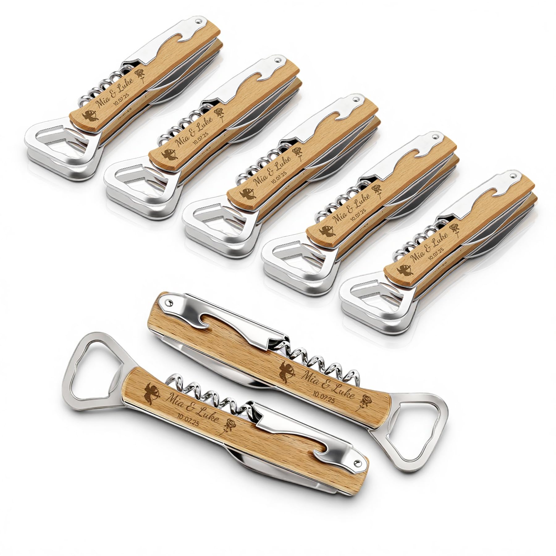 10 Pièces Tire Bouchon Personnalisé, Cadeau Invité Mariage, Décapsuleur en Bois Gravés Double Face, Idéal pour Bar, Maison, Anniversaire et Fête