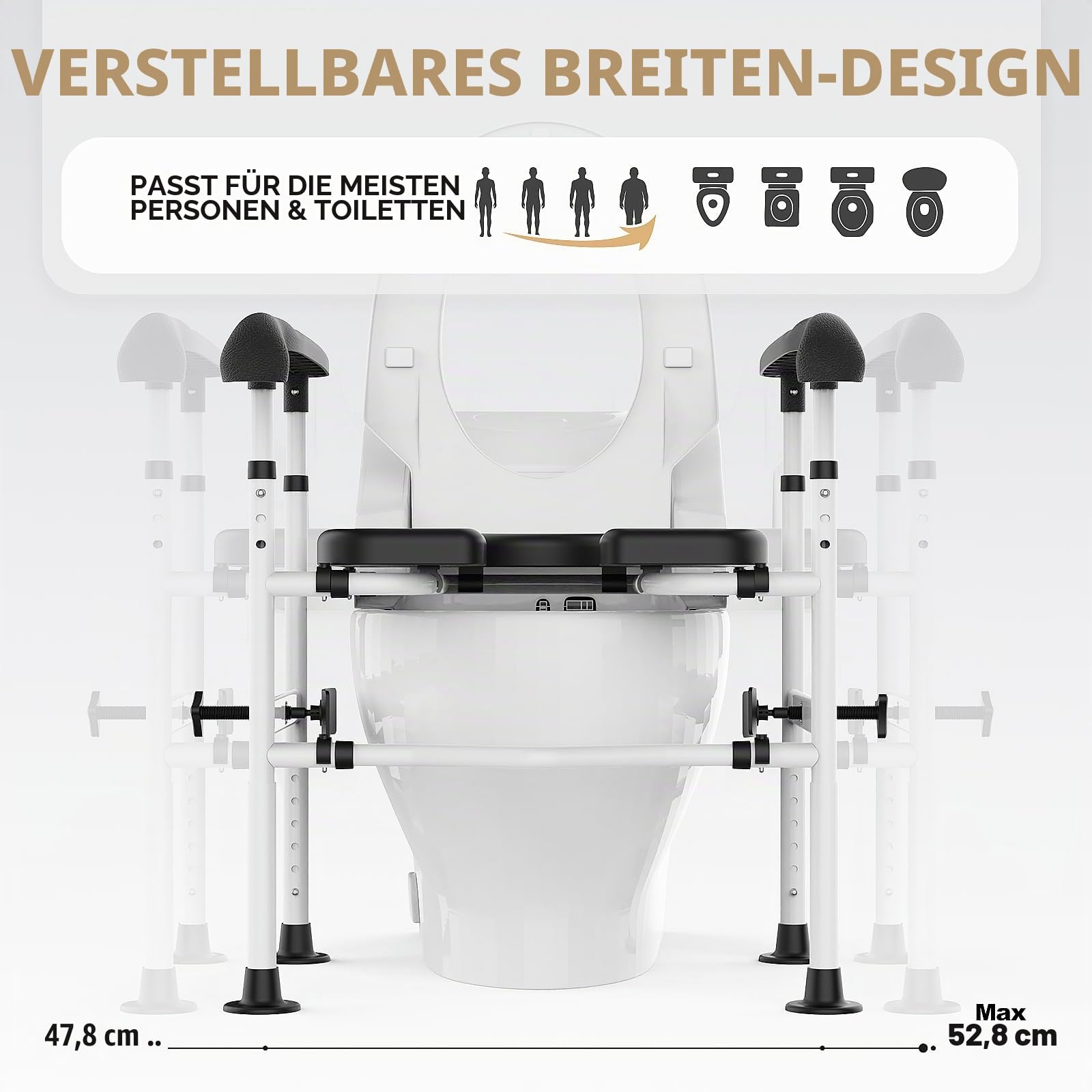 Erhöhter Toilettensitz mit Griffen, Toilettensitzerhöhung für Senioren mit verstellbarer Höhe und Breite, 180 kg, erhöhter Toilettensitz für ältere Menschen, für ältere Menschen, Behinderte
