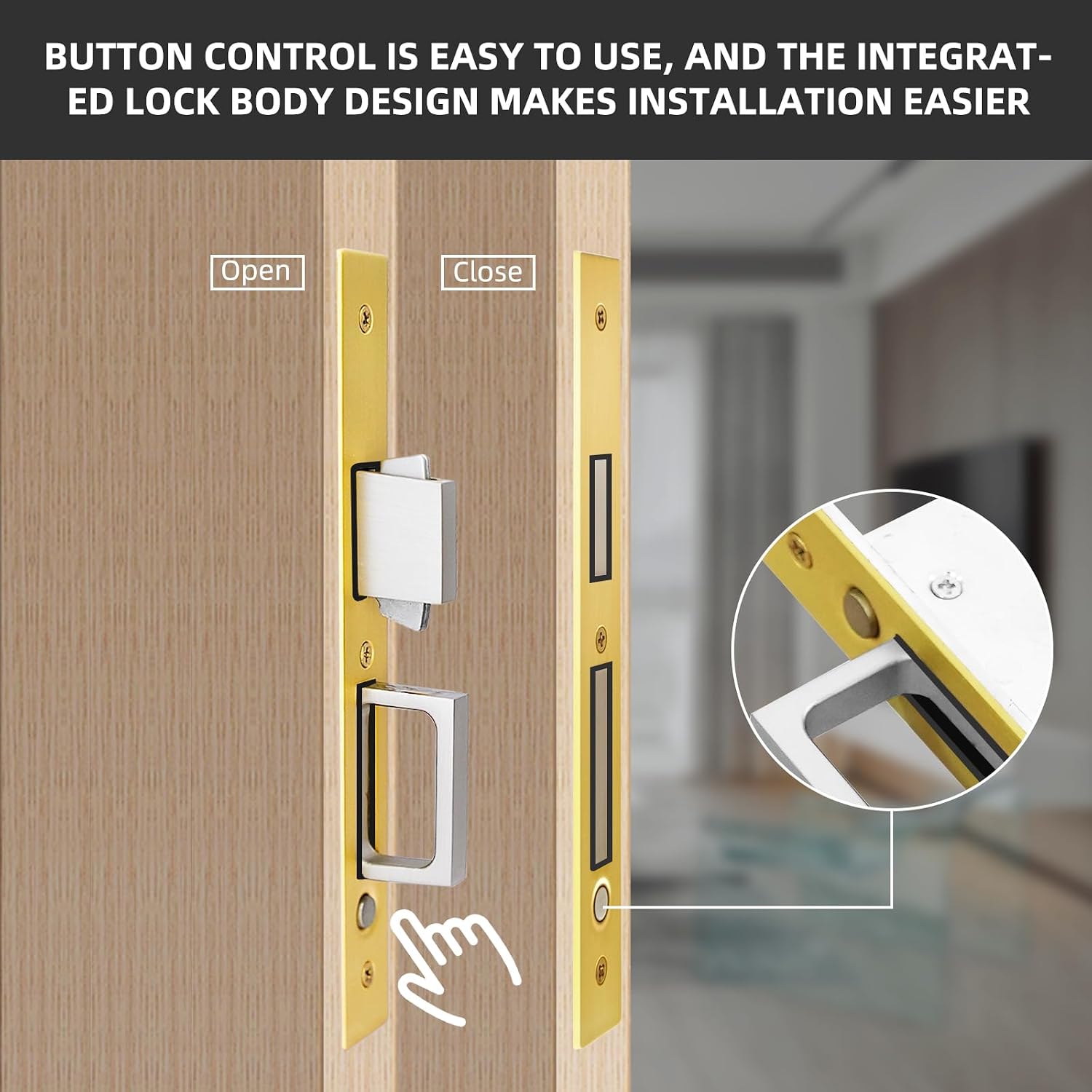 Pocket Door Lock,Modern Rectangular Pocket Door Hardware, Finger Flush Pulls with Edge Pull for Pocket Doors, Sliding Doors,Folding Doors etc (Gold, Indicator Privacy Lock) image 3