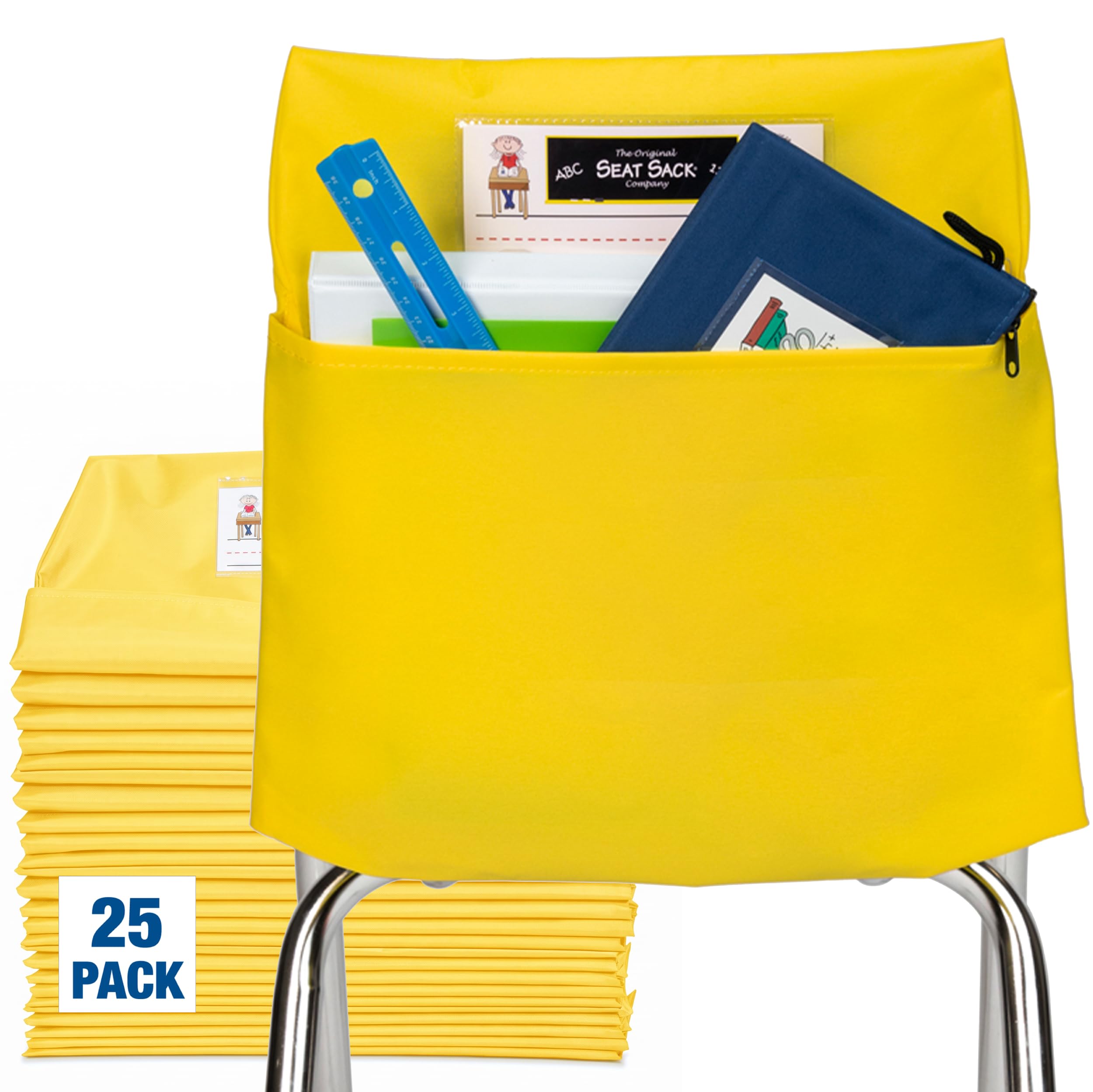 Seat Sack Student Chair Storage Pocket - 14", Single Pocket, Classroom Organizer for Student Desks, Durable Over-the-Chair Storage, Yellow, 25-Pack